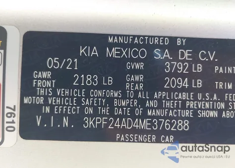 2021 Kia Forte Lxs z USA, uszkodzony, nr VIN 3KPF24AD4ME376288